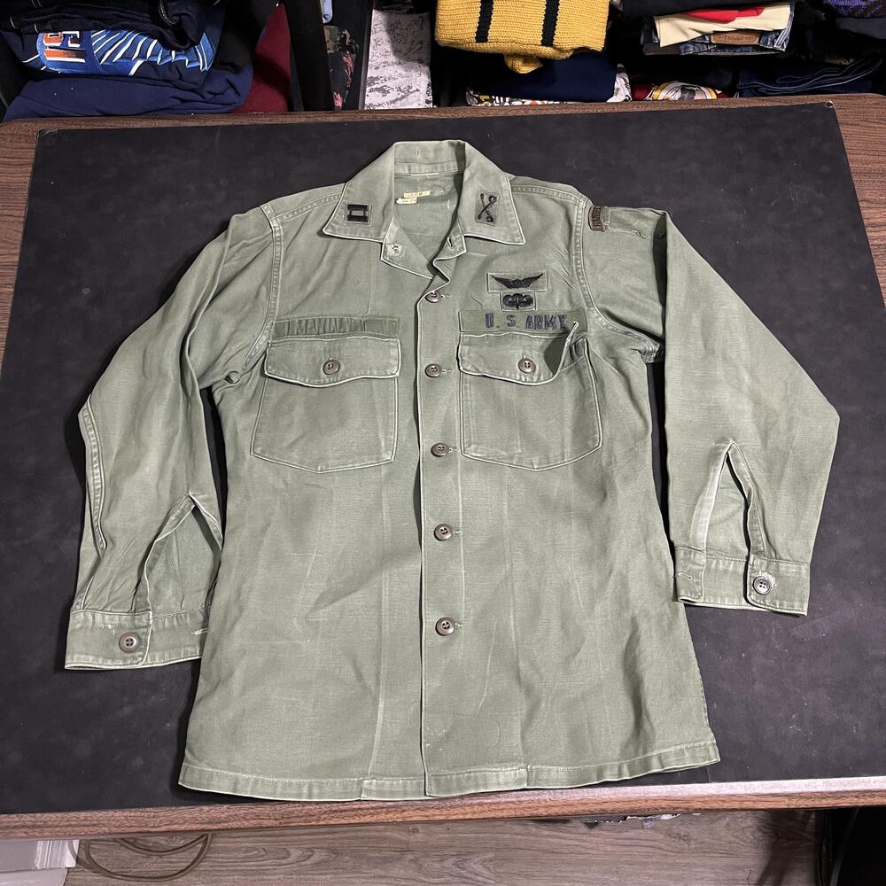 Vintage US Army OG-107 Shirt Mens Large Green Ranger Airborne Patches Vietnam